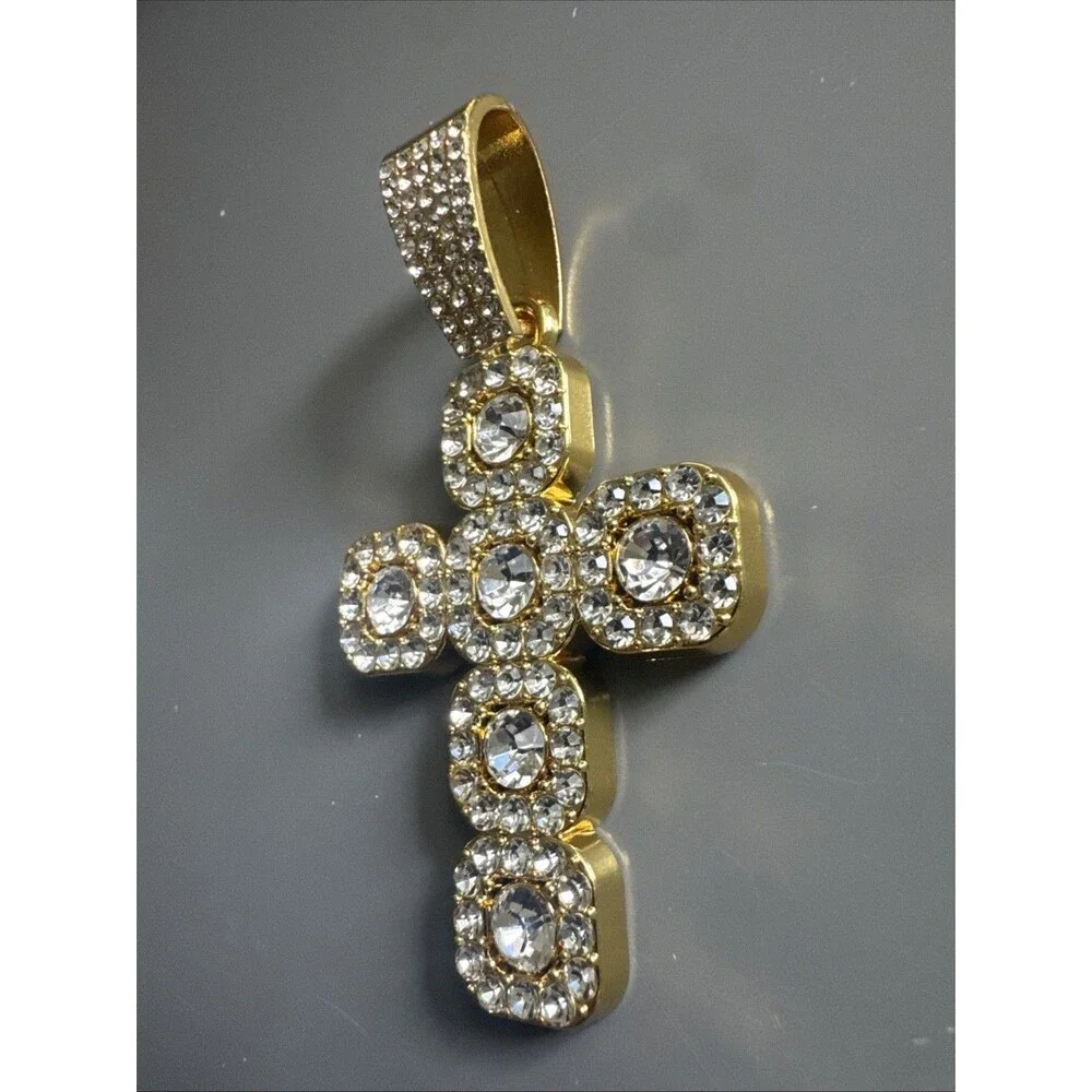 Gold Plated Cross Pendant Cubic Zirconia 24 Inch Necklace Unisex Hip Hop Gift